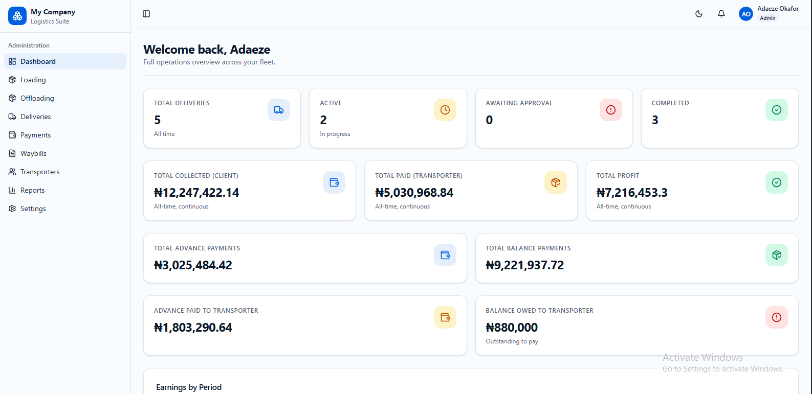 Logistics Admin Dashboard preview